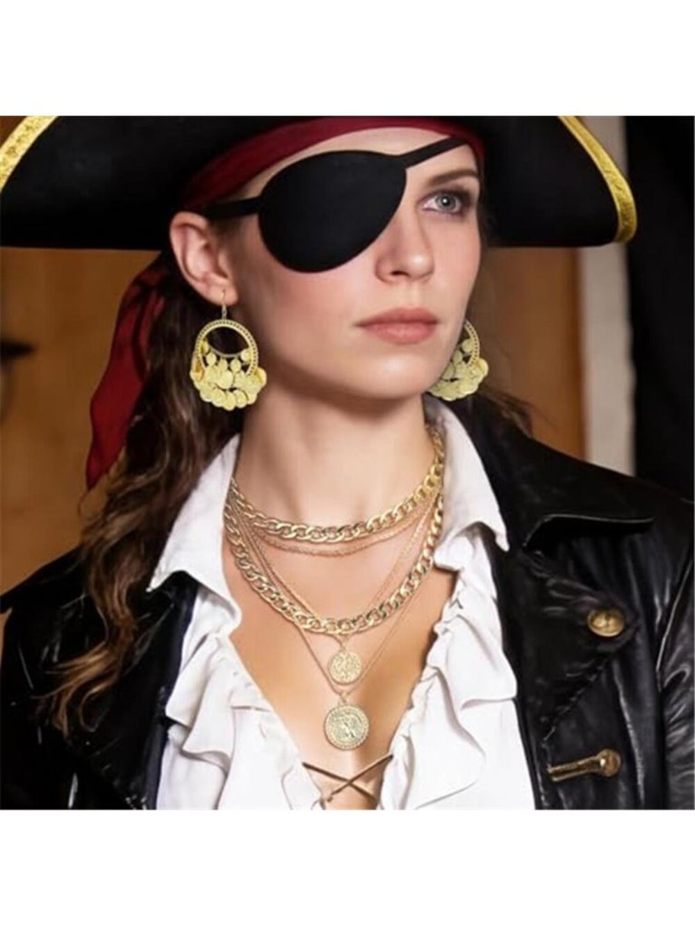 2 Pcs Women's Layered Golden Pirate Necklace Earrings Chunky Chain Layered - Picture 6 of 7